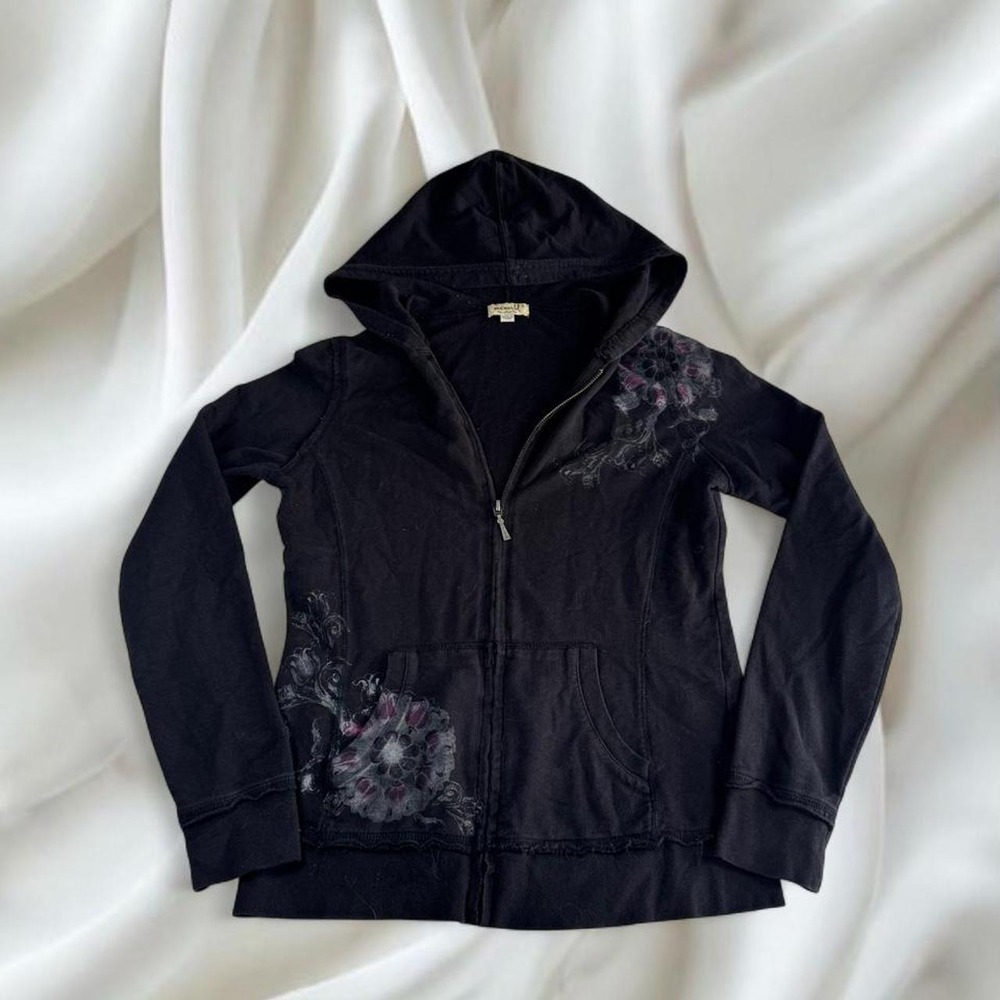 One World black purple floral graphic full zip sweater y2k vintage grunge skater